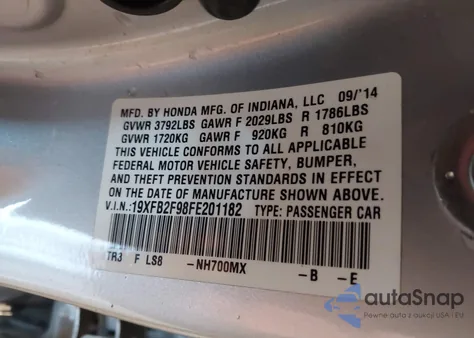 2015 Honda Civic Ex-L z USA, uszkodzony, nr VIN 19XFB2F98FE201182